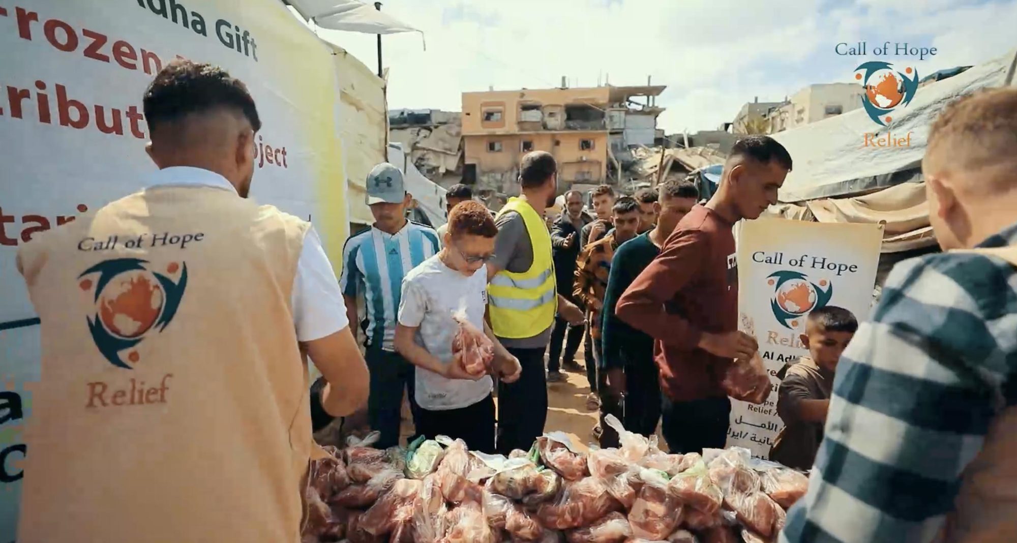 Meat being handed out at a Call of Hope distribution point