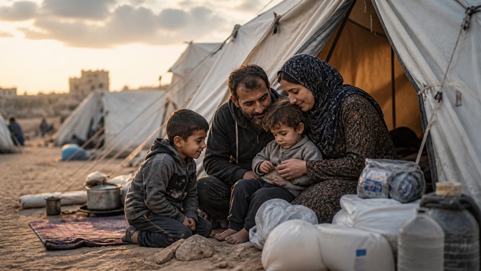 A displaced family sitting in the entrance of their tent